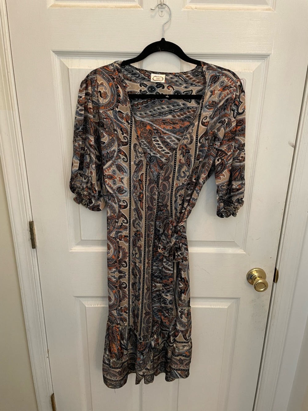 Paisley Midi Wrap Dress in Beige, Black & Orange